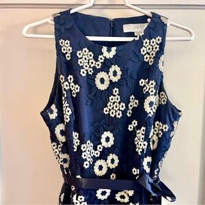 Tahari Elegant Sleeveless Dress with White Floral Embroidery over Deep Blue